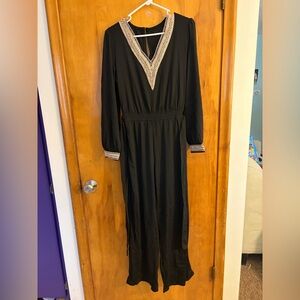 Black Long-Sleeve Jumpsuit with Crochet Trim